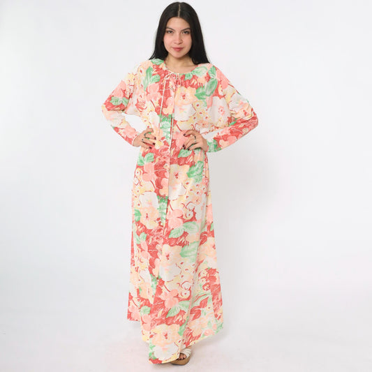 70s Gossard Artemis Floral Maxi Nightgown Long Sleeve Button Front Small S