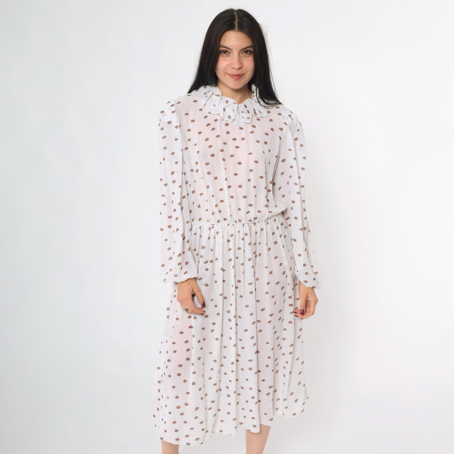 80s White Polka Dot Midi Dress Puff Sleeve Ruffled Collar High Waist Medium