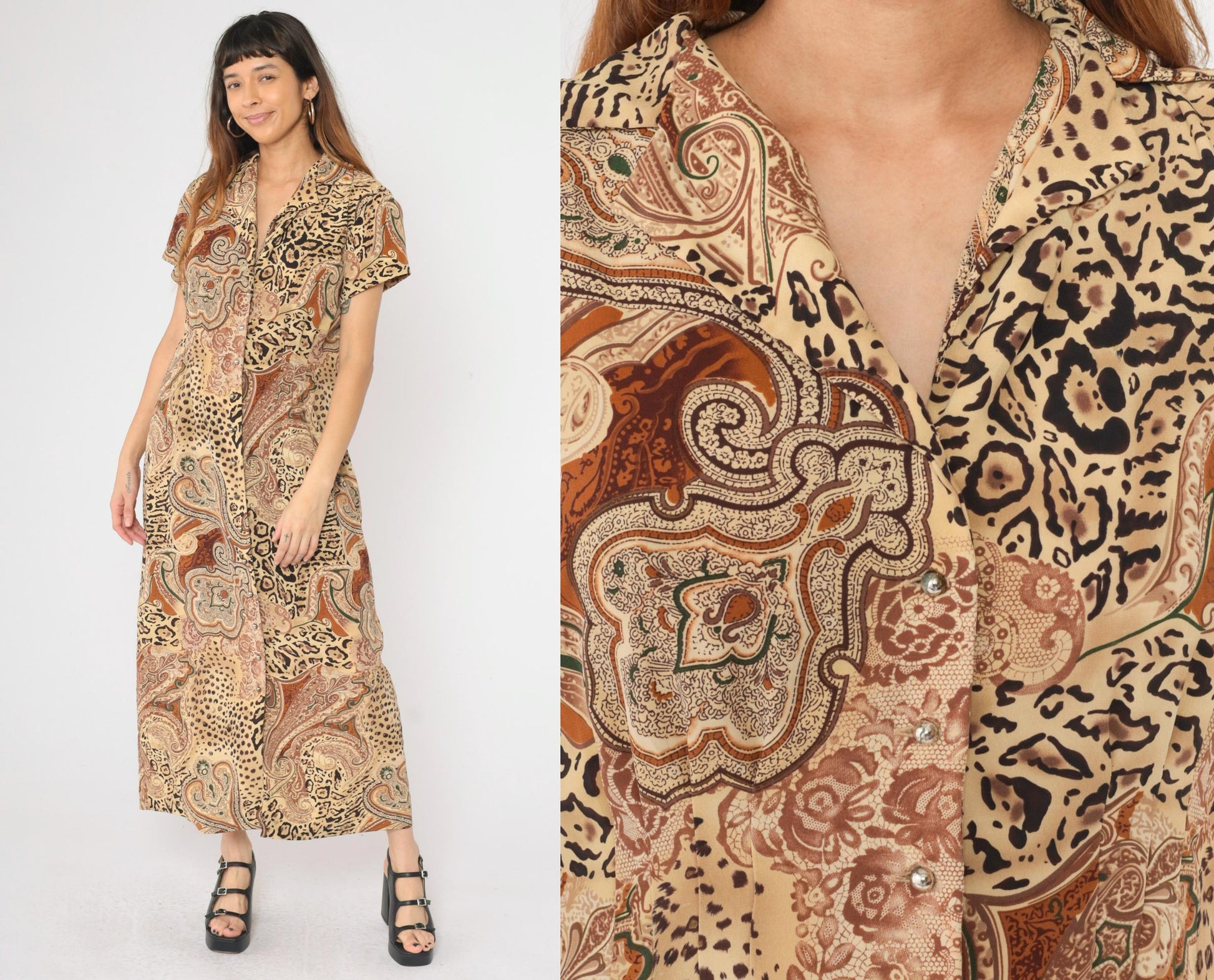 90s Leopard Paisley Maxi Shirtdress Animal Print Button-Up Yellow Burnt Orange Large 14