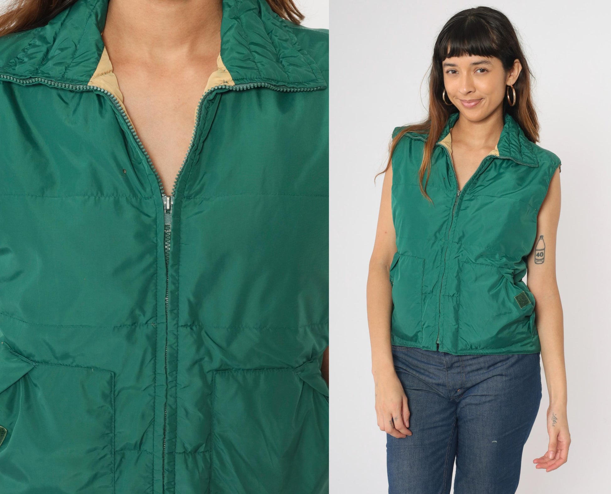 80s Green Puffer Vest Zip-Up Sleeveless Jacket Small S