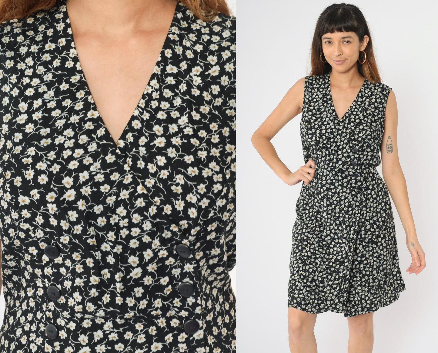 90s Black Floral Romper Dress Wide Leg Sleeveless Button Front Large