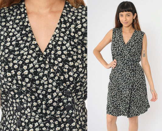 90s Black Floral Romper Dress Wide Leg Sleeveless Button Front Large