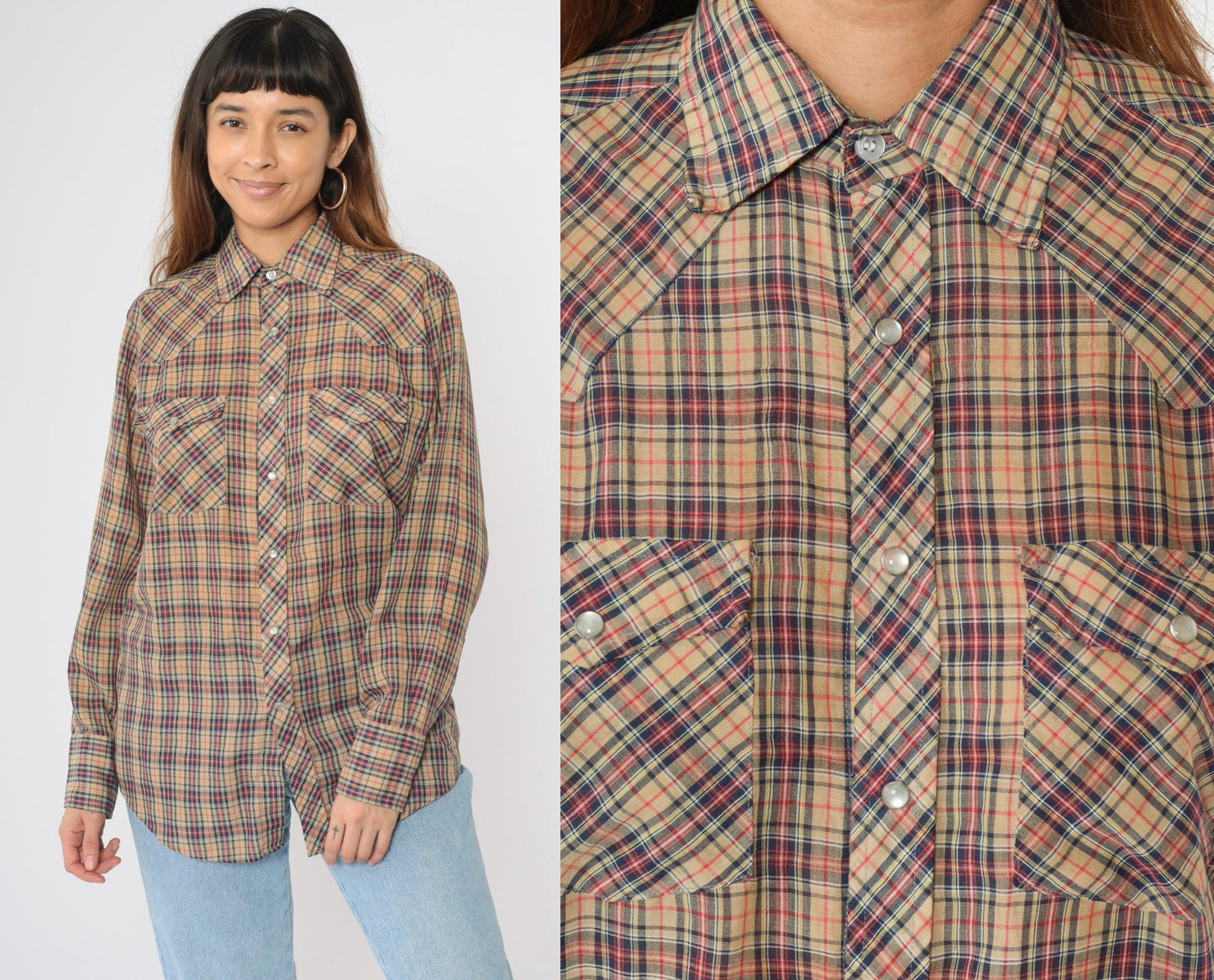 80s Plaid Western Pearl Snap Shirt Tan Red Blue Men's Medium