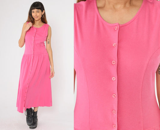 90s Pink Cotton Knit Button-Up Dress Dropped Waist Midi Sleeveless Medium