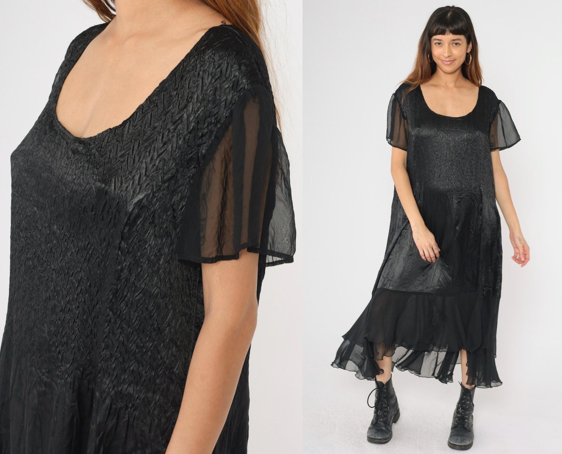90s Black Satin Tiered Chiffon Midi Dress Flutter Sleeve Scoop Neck Large