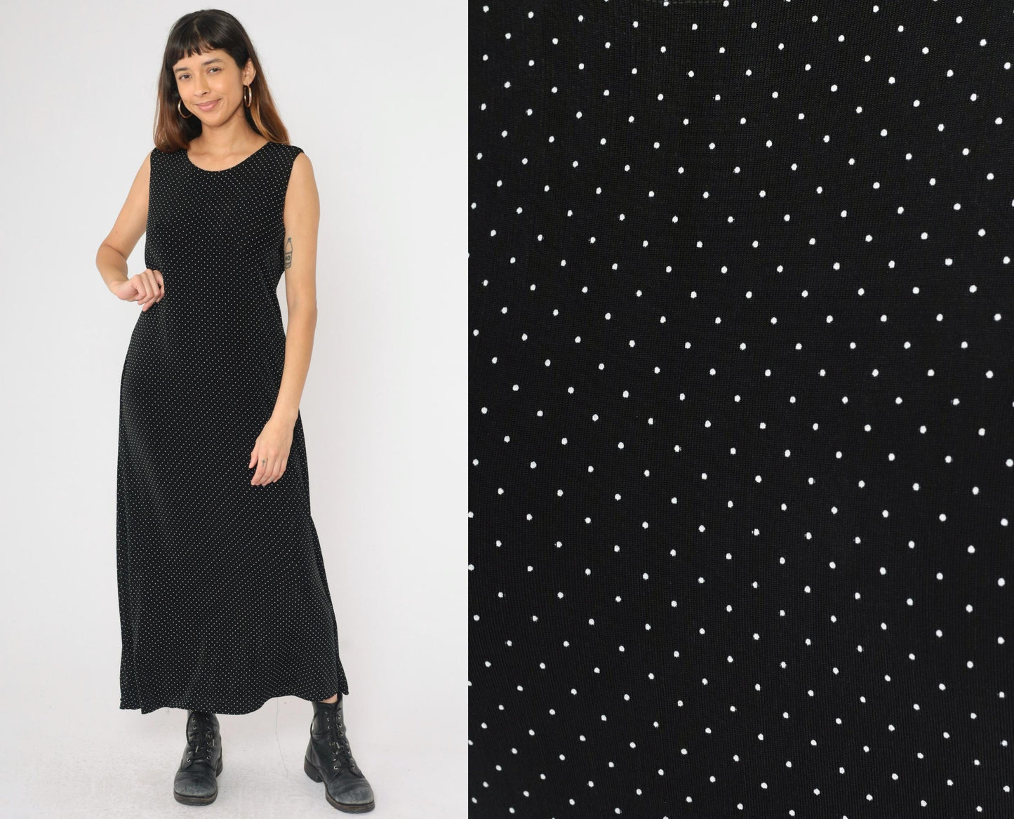 90s Ronni Nicole Black Polka Dot Maxi Dress Sleeveless Round Neck Large 14