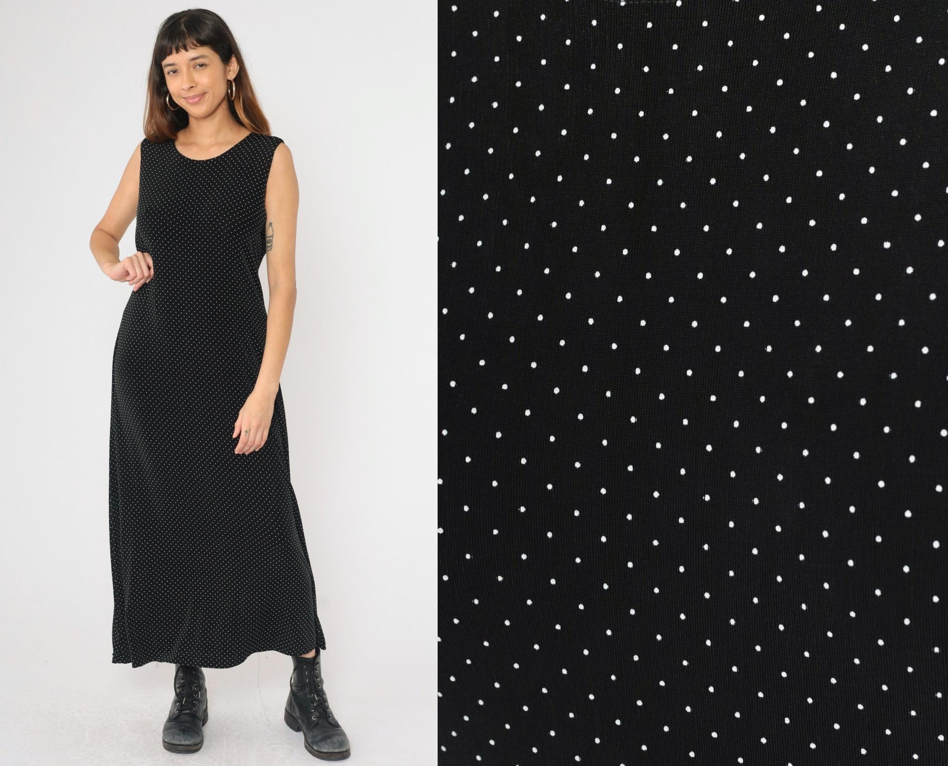 90s Ronni Nicole Black Polka Dot Maxi Dress Sleeveless Round Neck Large 14