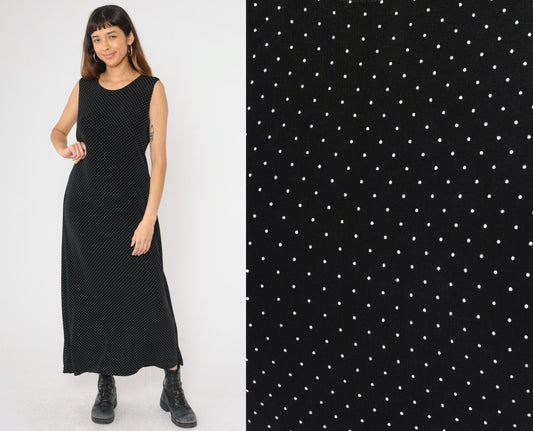 90s Ronni Nicole Black Polka Dot Maxi Dress Sleeveless Round Neck Large 14