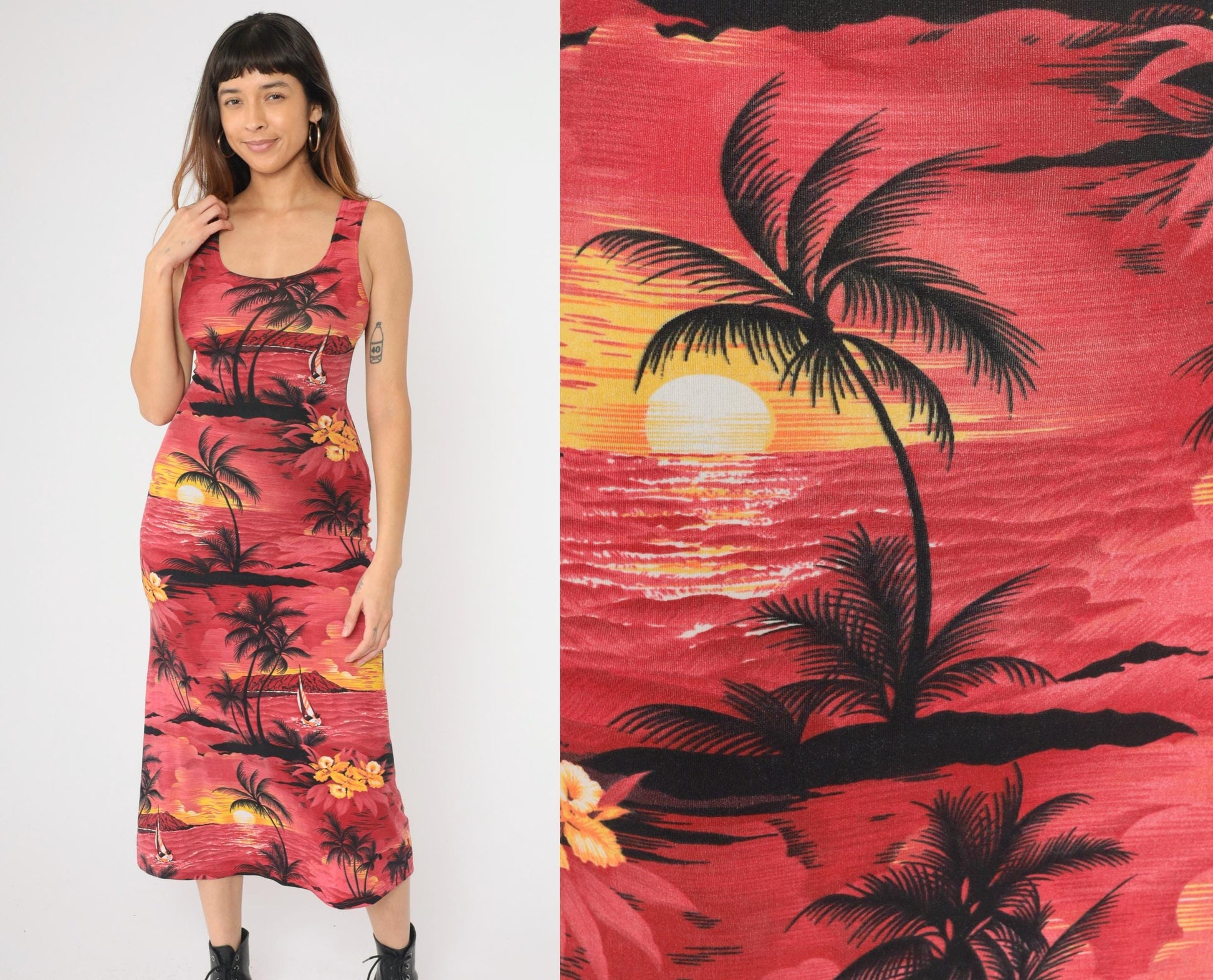 90s Hawaiian Tropical Midi Bodycon Dress Red Palm Tree Print Small S
