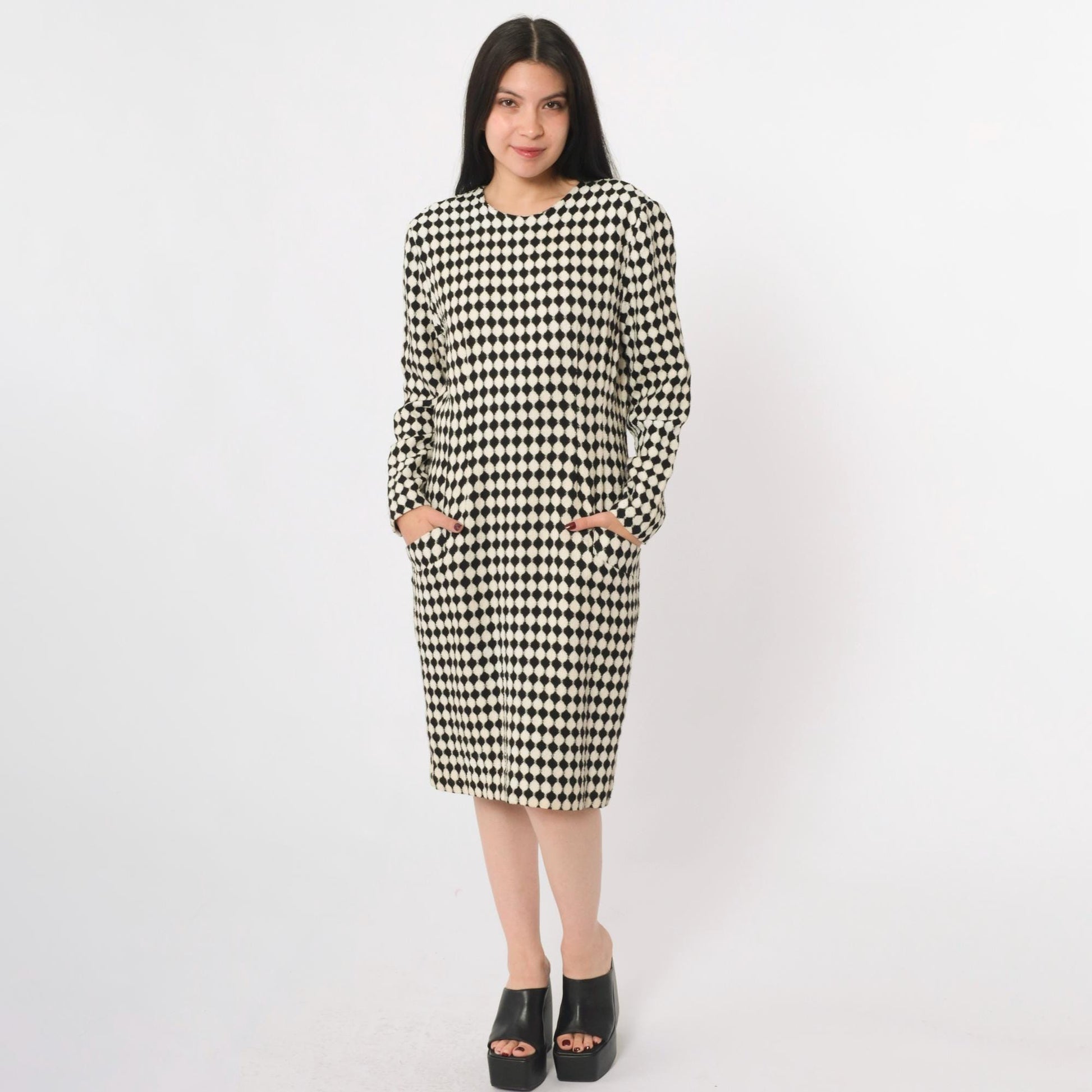 80s Jackie Bernard Black White Checkered Knee-Length Dress Medium