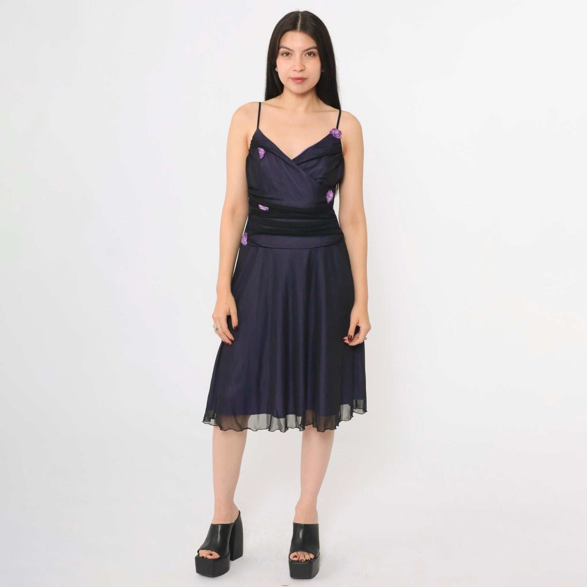 Y2K Purple Mesh Midi Dress Black Floral Applique Spaghetti Strap V Neck Medium