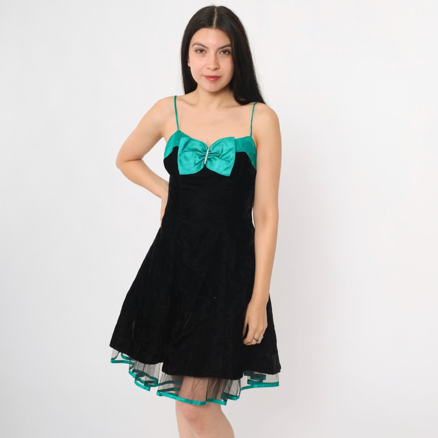 80s Black Velvet Mini Dress Teal Bow Sweetheart Neckline Spaghetti Strap Extra Small