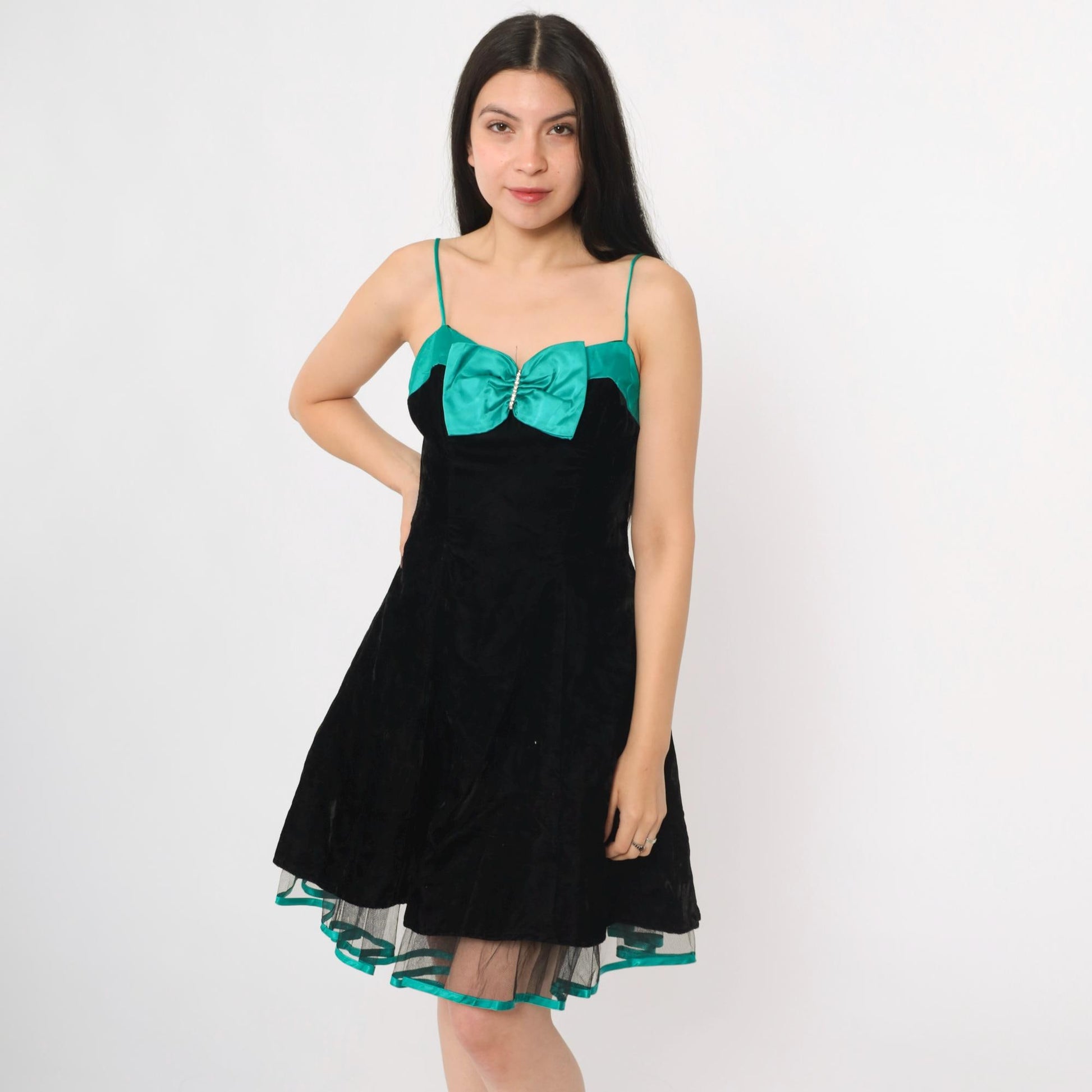 80s Black Velvet Mini Dress Teal Bow Sweetheart Neckline Spaghetti Strap Extra Small