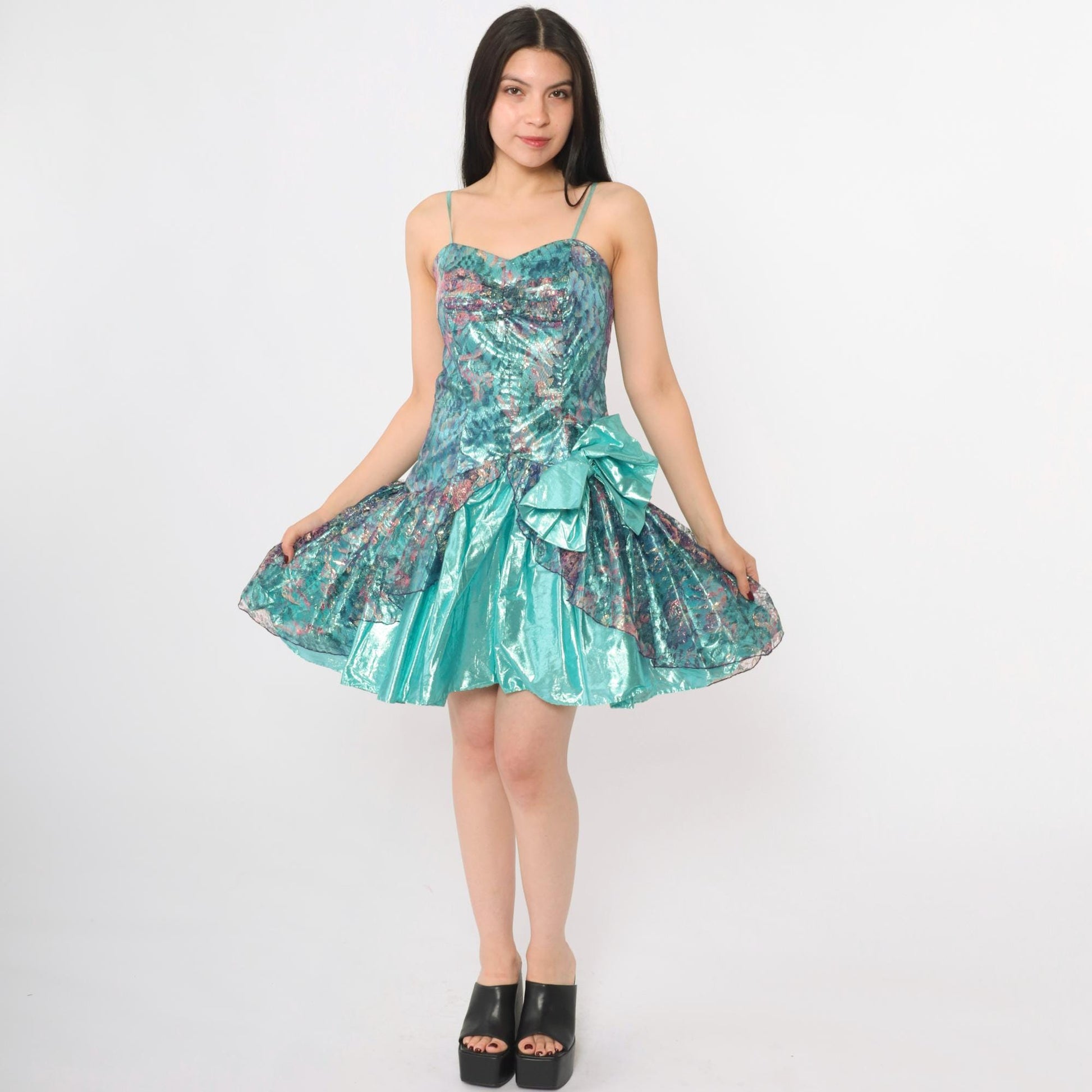 80s Teal Lamé Party Dress Sweetheart Neckline Metallic Lace Mini XS