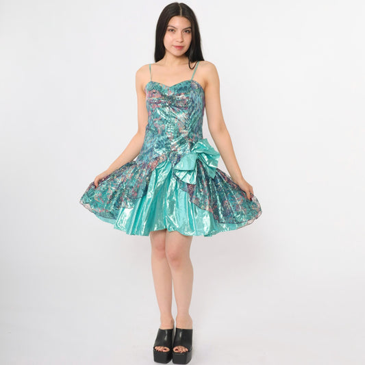 80s Teal Lamé Party Dress Sweetheart Neckline Metallic Lace Mini XS