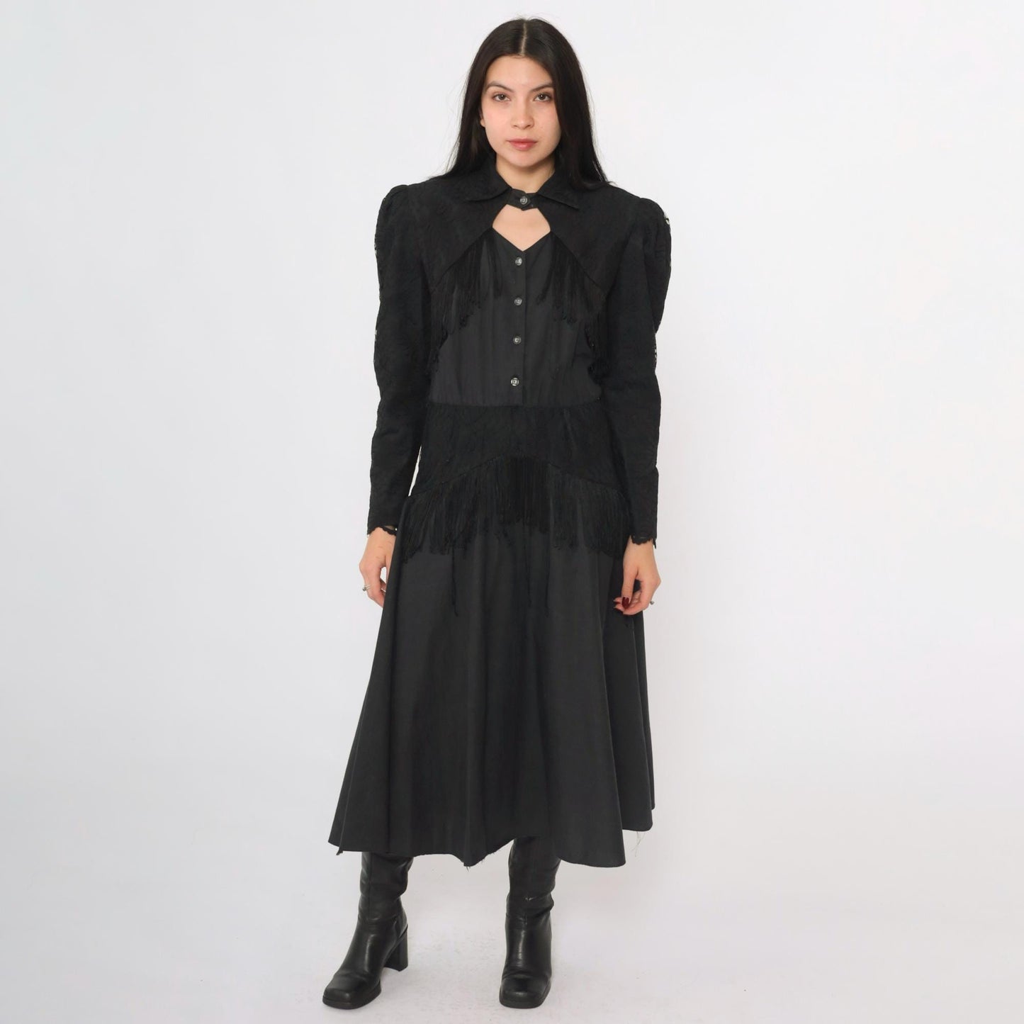 80s Lilia Smitty Western Midi Dress Black Fringe Cotton Puff Sleeve Small