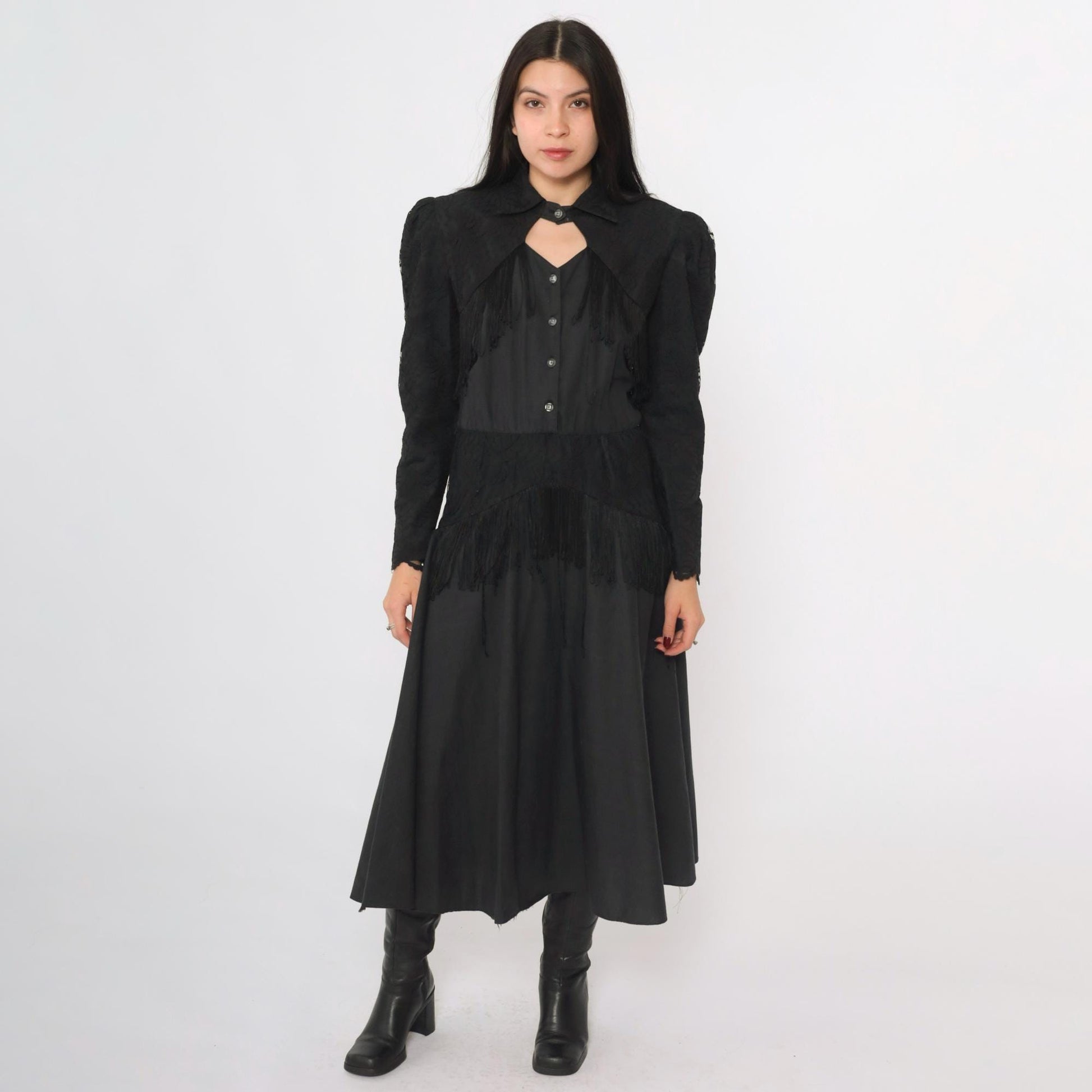 80s Lilia Smitty Western Midi Dress Black Fringe Cotton Puff Sleeve Small