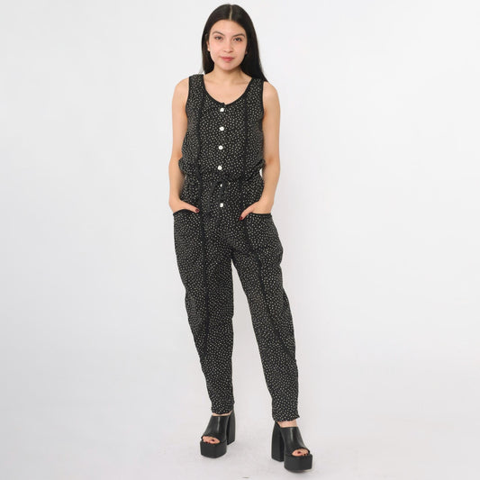 80s La Blanca Black Jumpsuit Confetti Dot Print Sleeveless Button Front Small