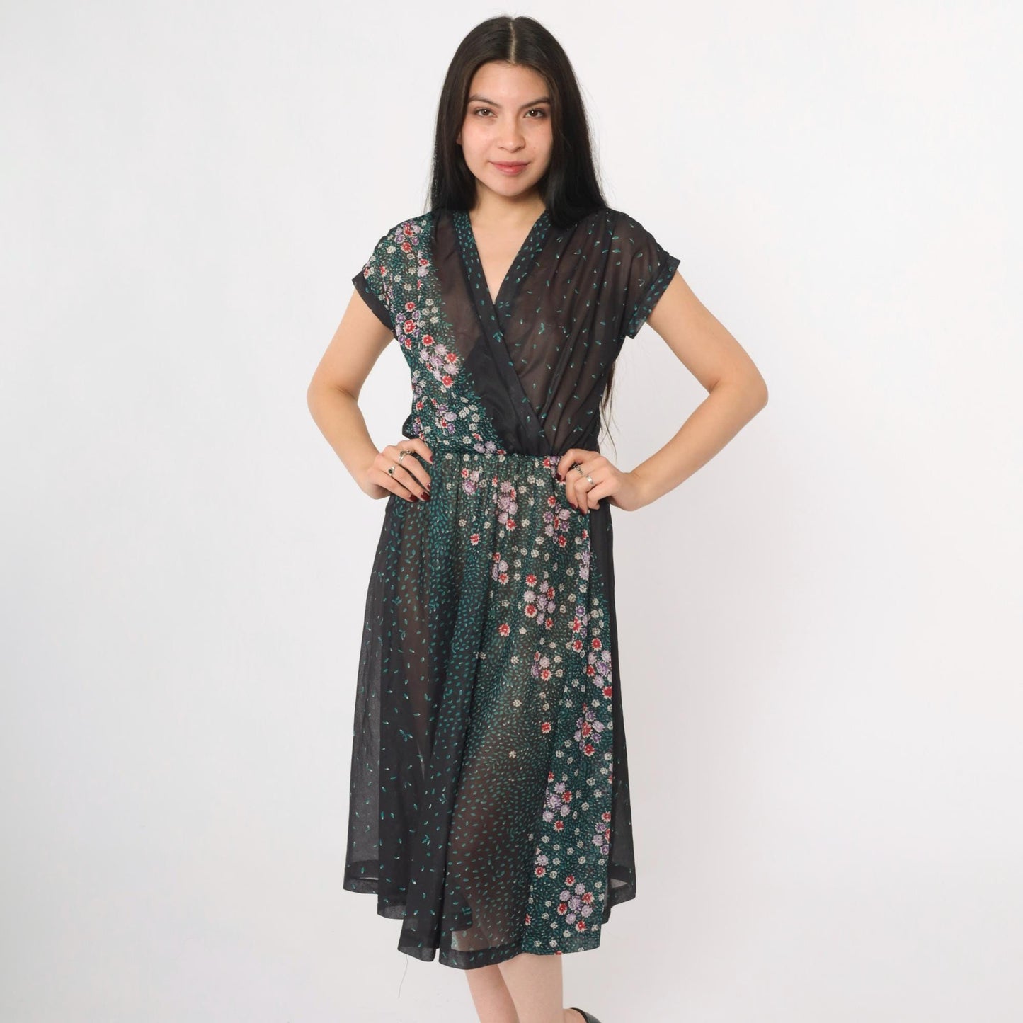 70s Black Floral Sheer Midi Dress Faux Wrap V Neck Cap Sleeve Small