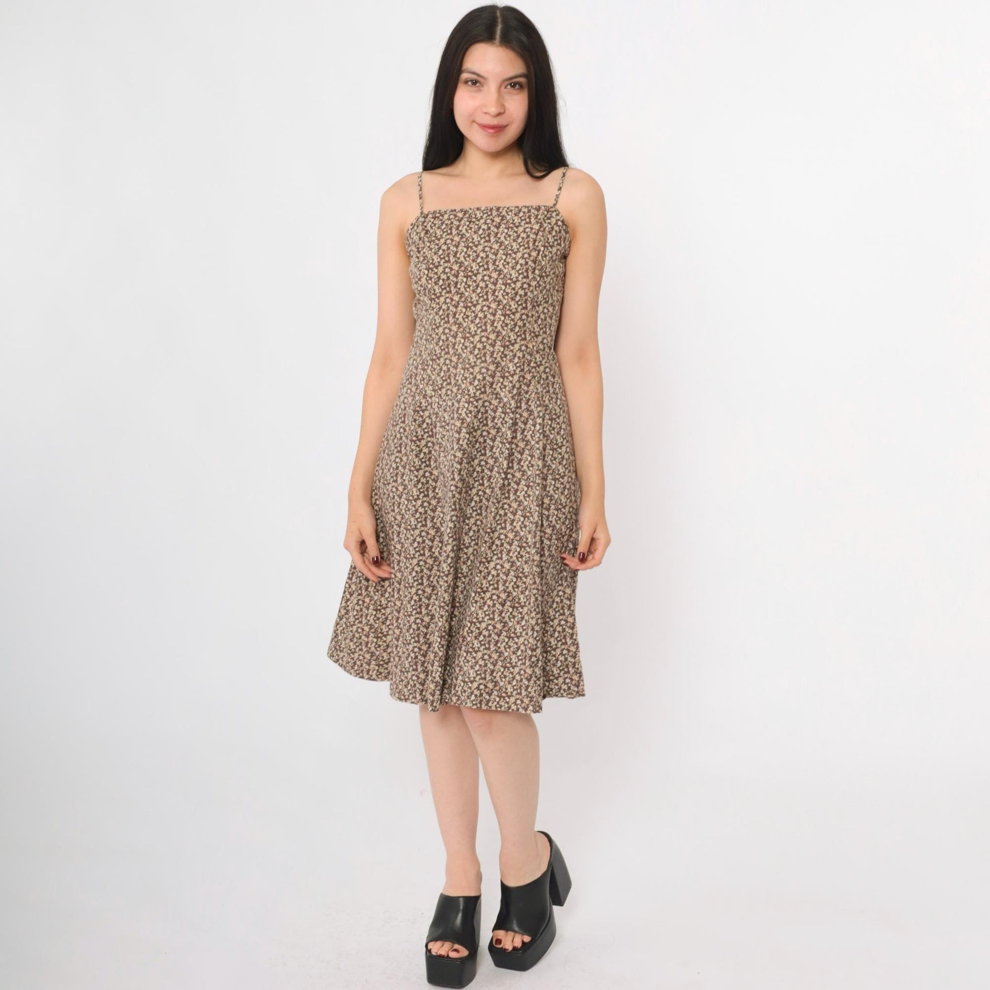 90s Brown Calico Floral A-Line Spaghetti Strap Dress Knee Length Medium
