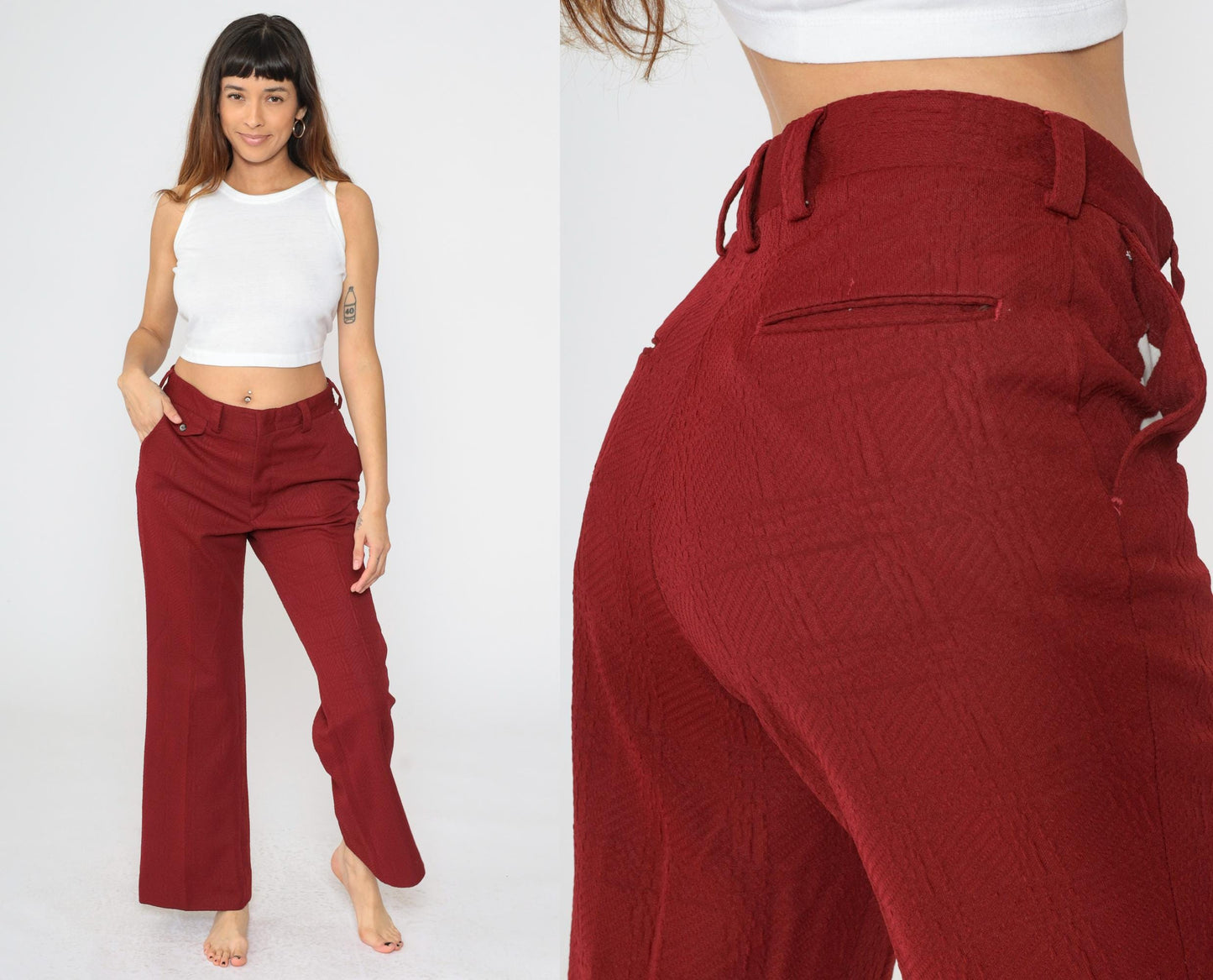 70s Burgundy Flared Trousers High Waist Textured Polyester Medium