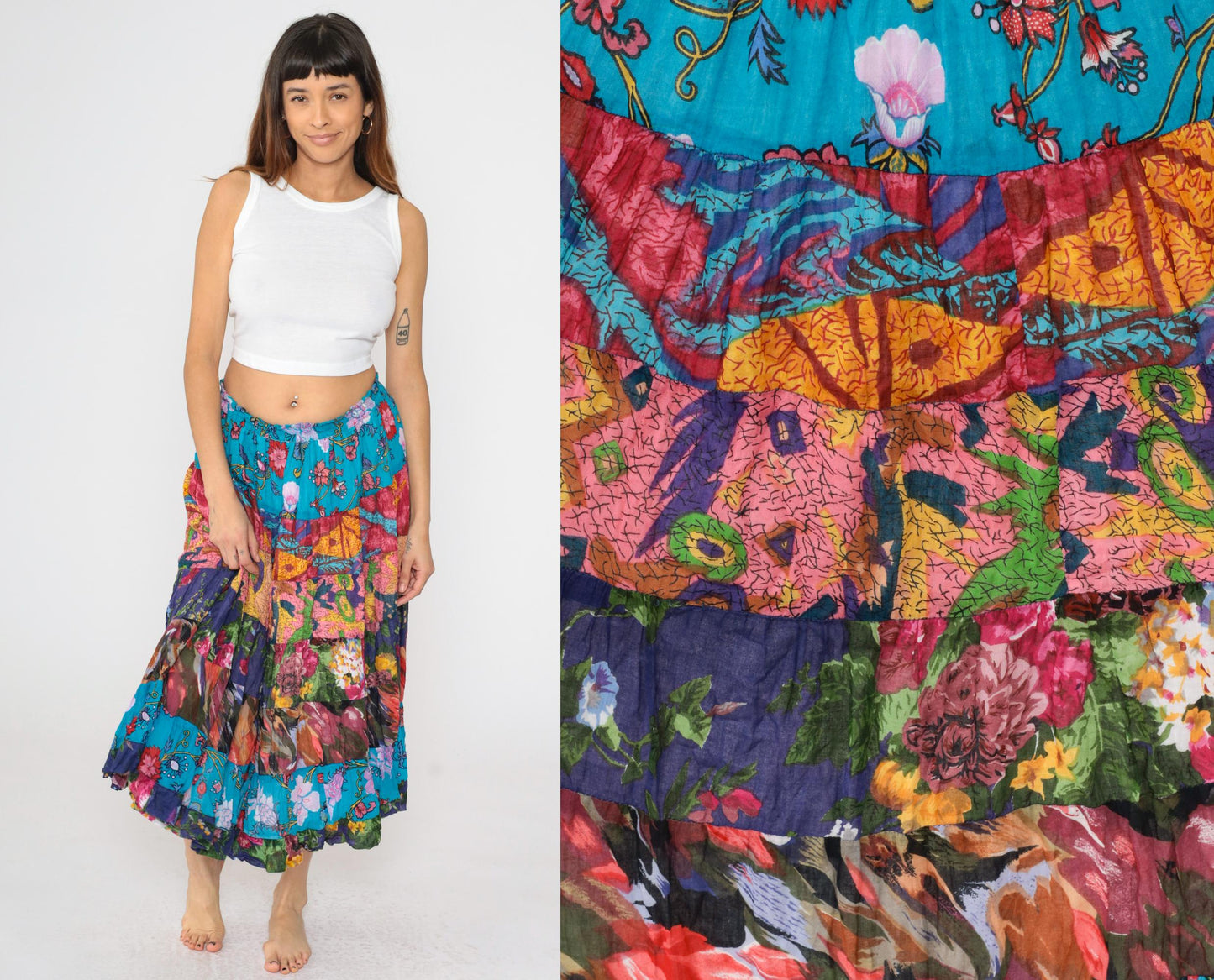 90s Broomstick Midi Skirt Blue Floral Patchwork Tiered Cotton Small