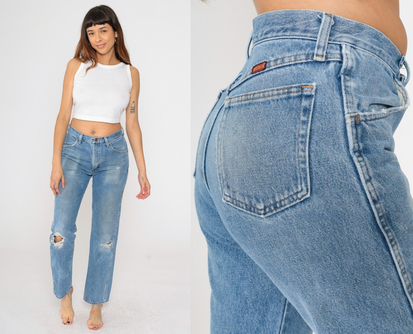 00s Rustler Faded Blue Straight Leg Jeans High Rise Ripped Small