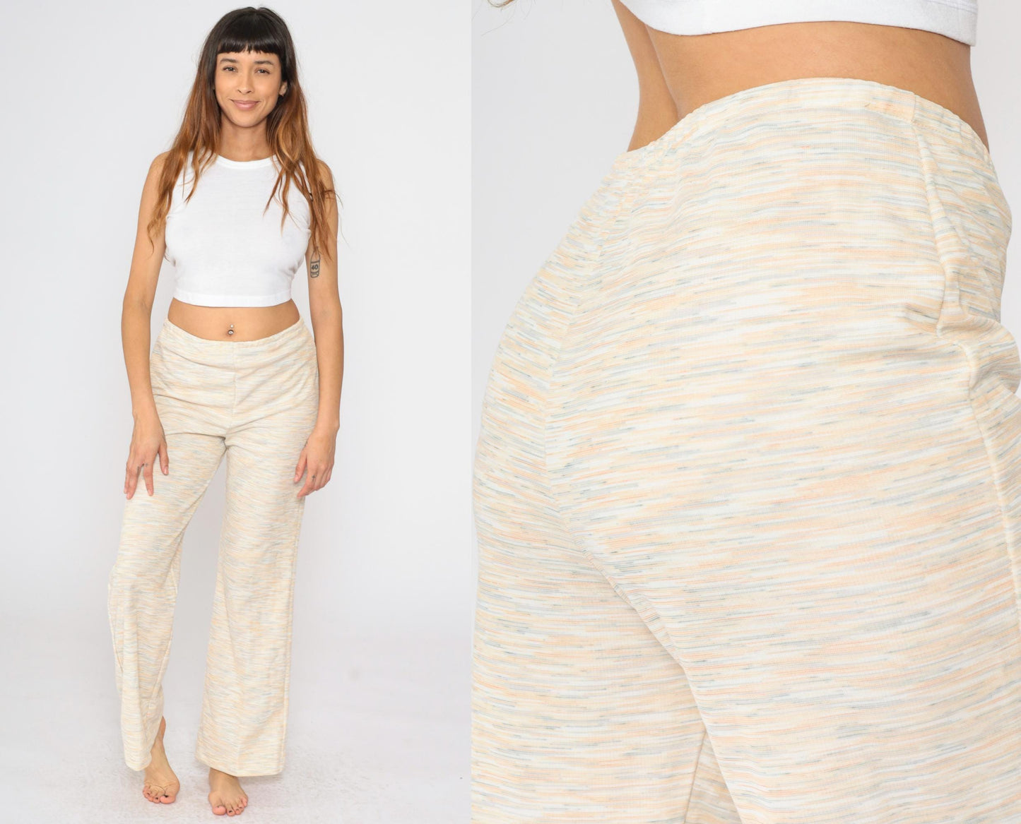70s Flared Trousers High Waist Pull On Heathered Peach Orange Teal Small