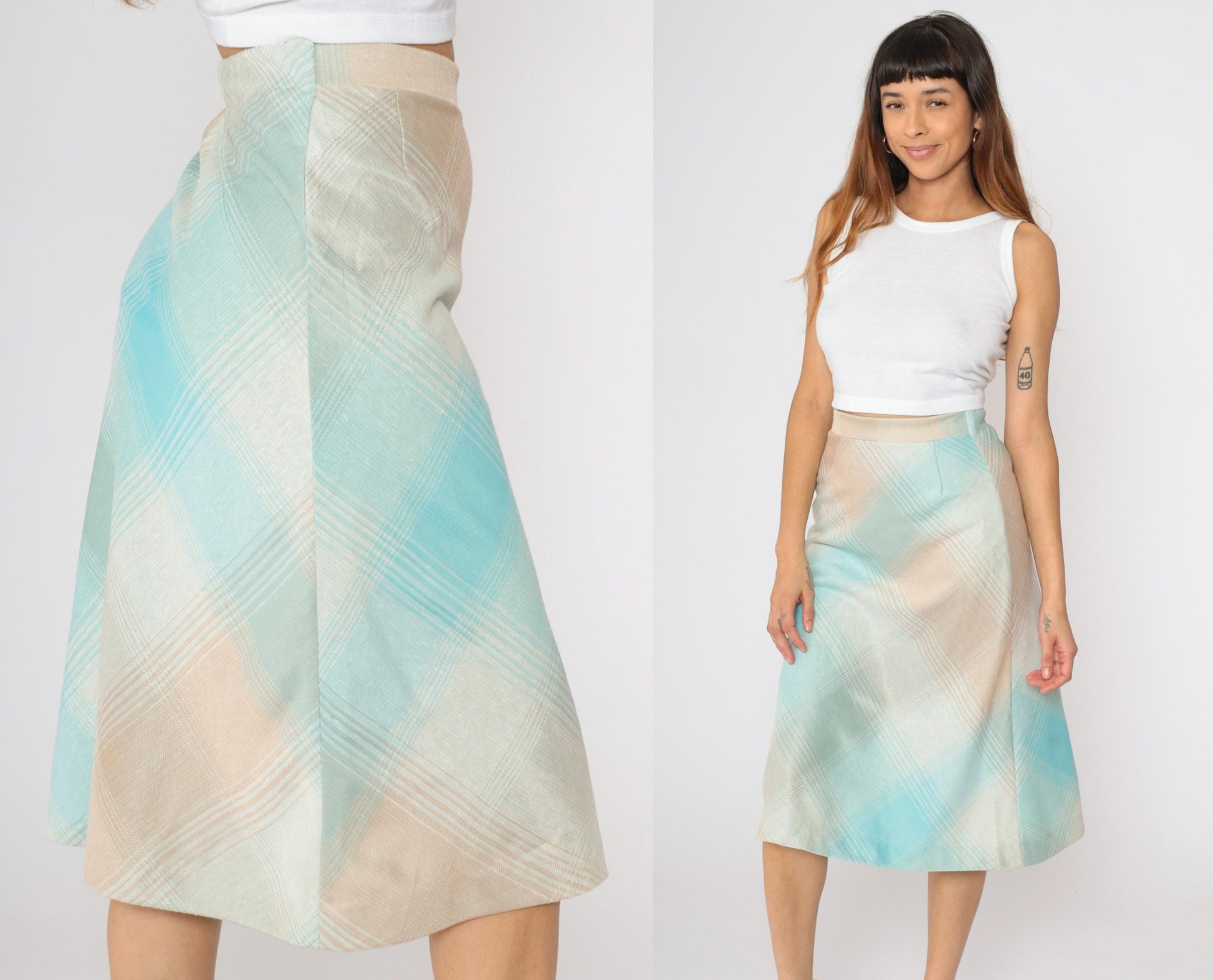 70s Plaid Midi Skirt High Waisted Turquoise Tan Peach Tartan Small XS