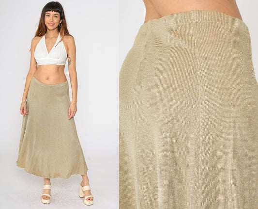 80s Tan Knit Midi Skirt High Waist Elastic Flared Small