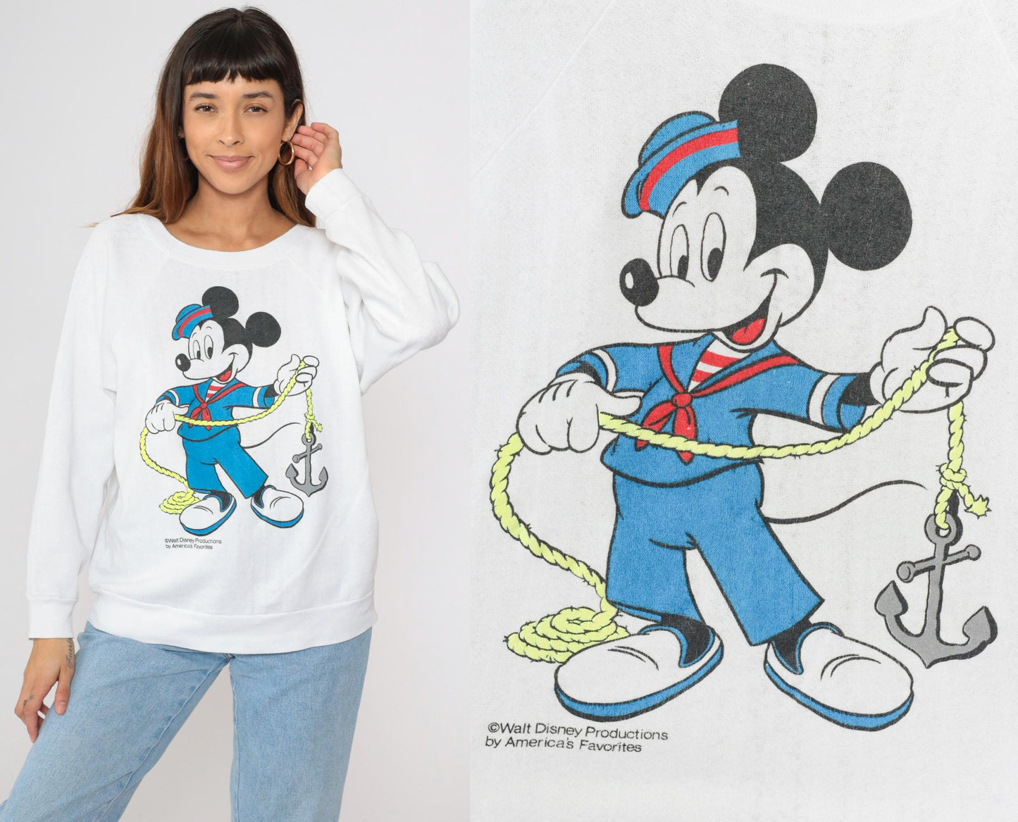 80s Mickey Mouse Sailor Graphic Sweatshirt White Raglan Crewneck Large
