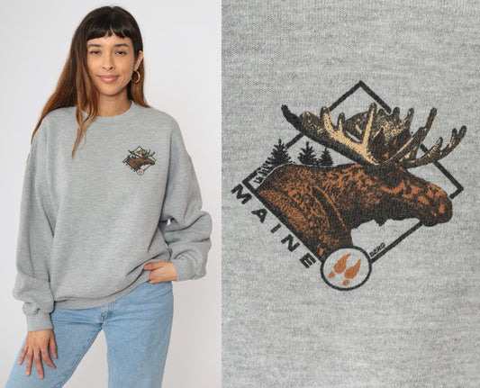 90s Lee Maine Moose Graphic Sweatshirt Heather Grey Crewneck Extra Large XXL