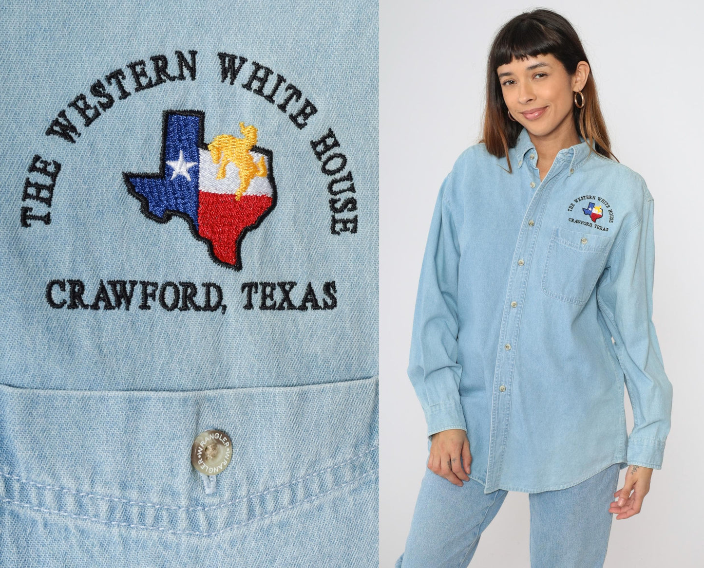 90s Wrangler Crawford Ranch Denim Shirt Light Wash Texas Embroidered Small S