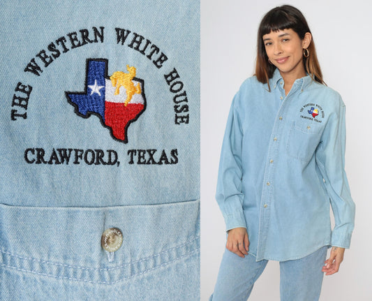 90s Wrangler Crawford Ranch Denim Shirt Light Wash Texas Embroidered Small S
