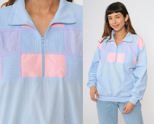 80s Cavalier Colorblock Quarter Zip Pullover Pink Lilac Blue Knit Medium Large