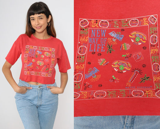 90s Mesoamerican Graphic Crop Tee Red Abstract Birds Masks Extra Small XS