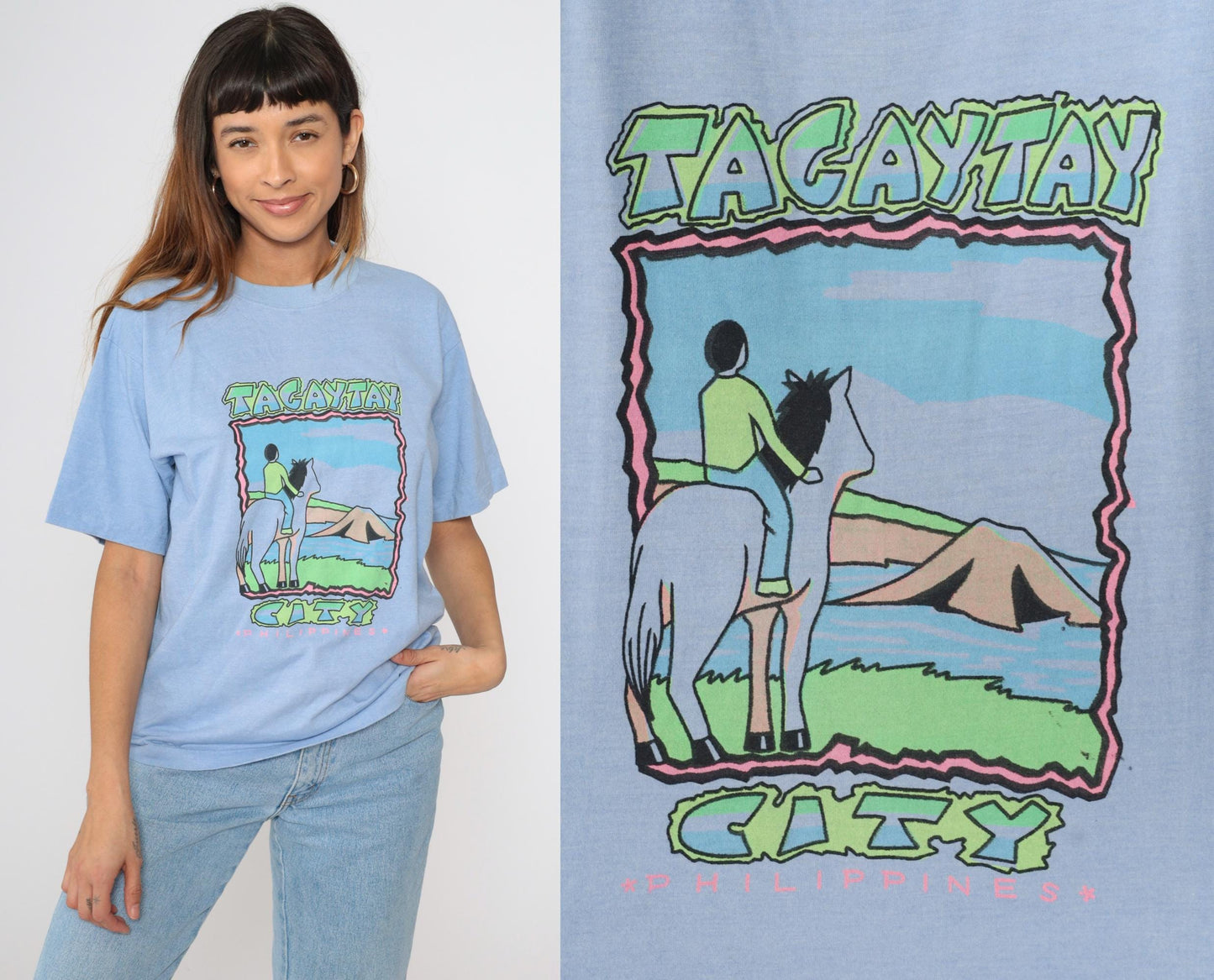 Y2K Tagaytay Philippines Neon Graphic Horse T-Shirt Blue Tee Medium