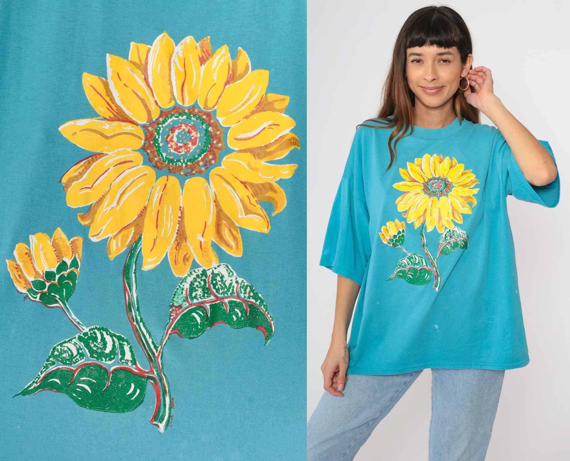 90s Sunflower T-Shirt Turquoise Blue Floral Graphic Crewneck One Size