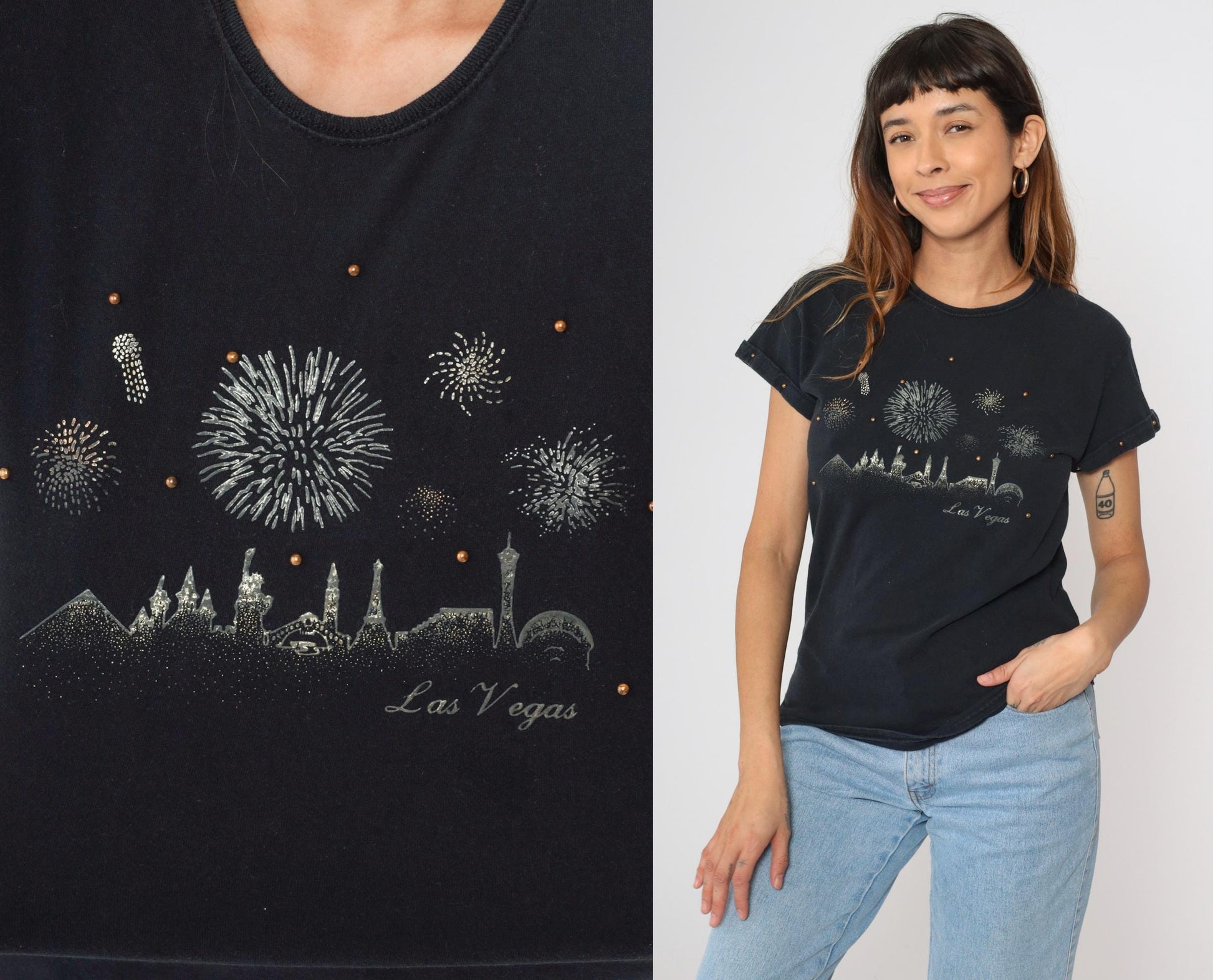 90s Las Vegas Fireworks Graphic T-Shirt Studded Metallic Black Small S