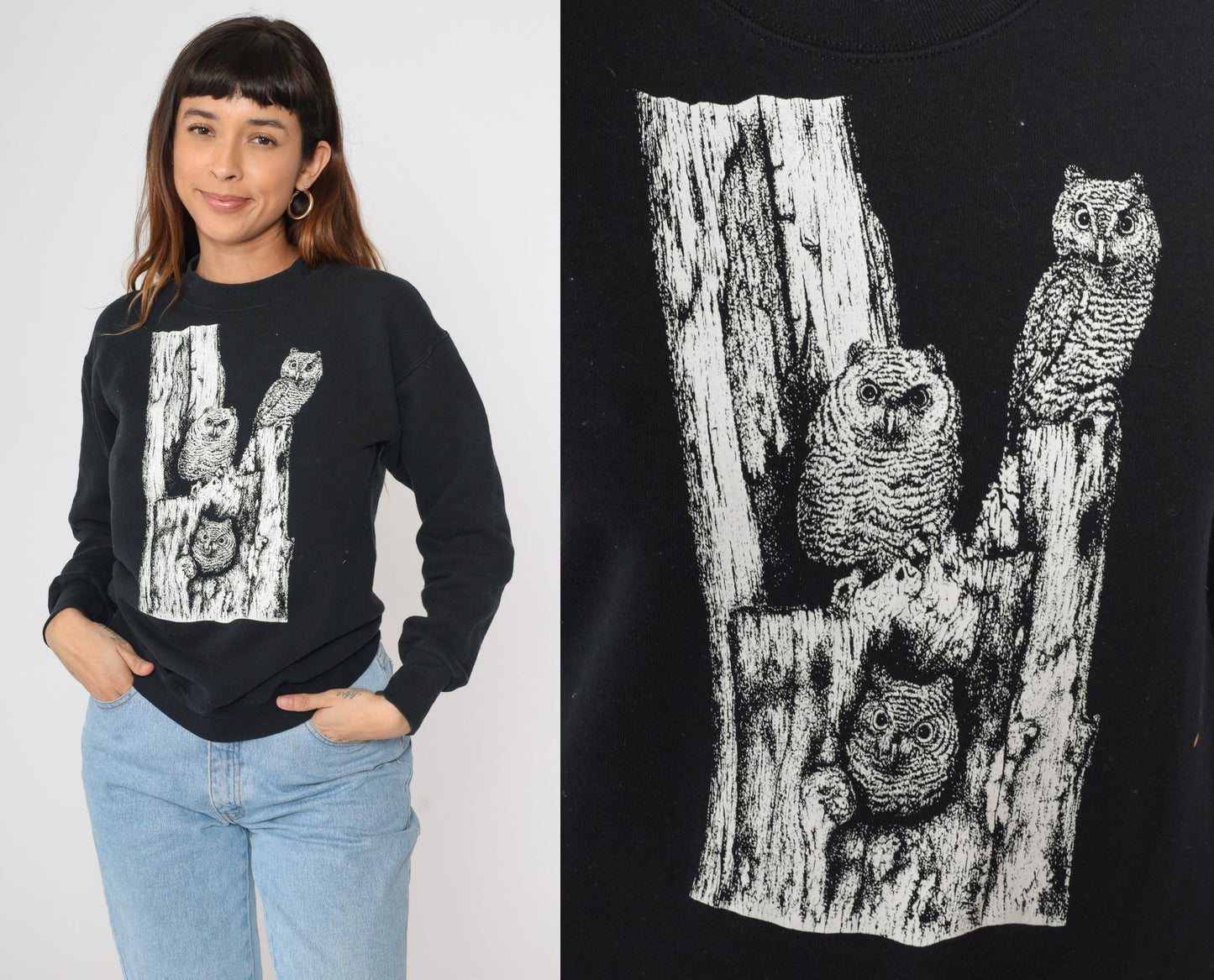 Y2K Woodland Dunes Nature Center Owl Sweatshirt Black Graphic Pullover Small