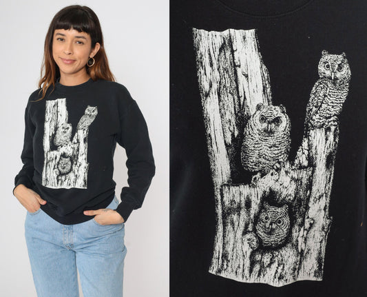 Y2K Woodland Dunes Nature Center Owl Sweatshirt Black Graphic Pullover Small