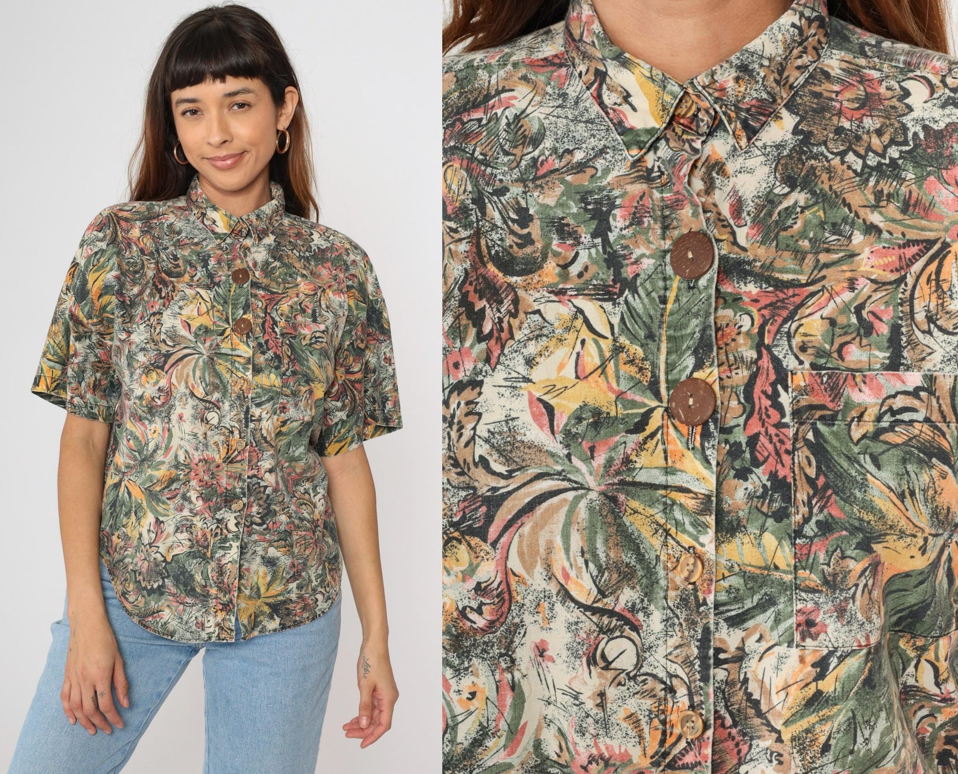 90s Tropical Jungle Print Button-Up Shirt Green Yellow Pink Cotton Large