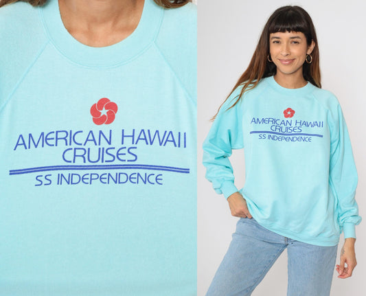 80s American Hawaii Cruises SS Independence Sweatshirt Aqua Graphic Large