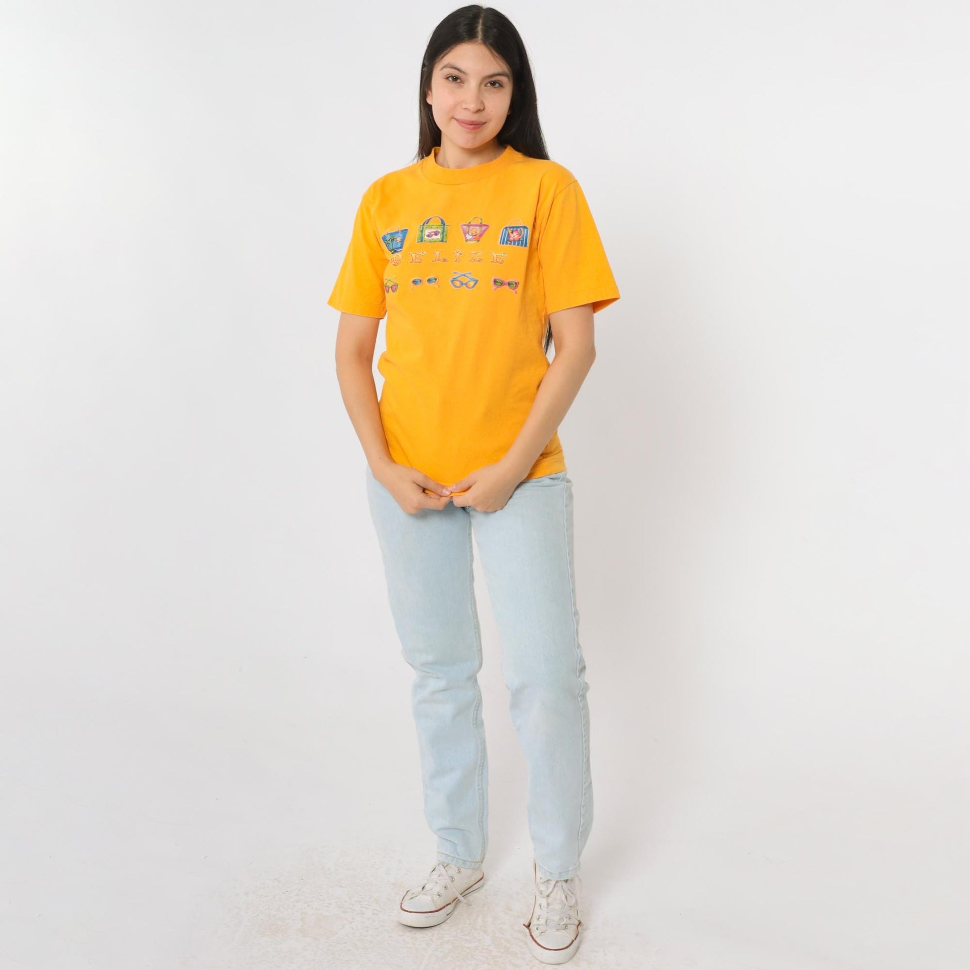 90s Belize Sunglasses Graphic T-Shirt Yellow Cotton Crewneck Extra Small