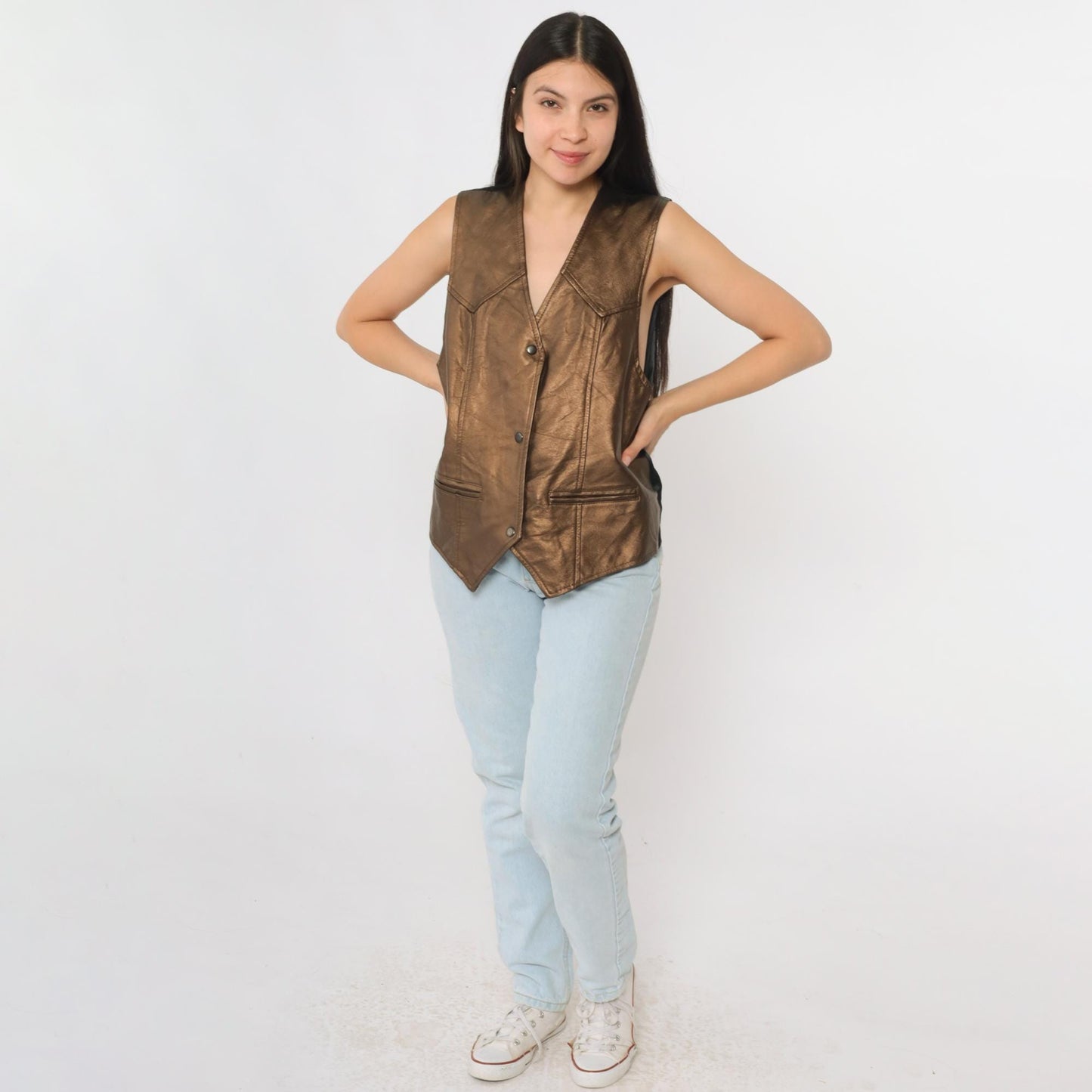 90s Metallic Copper Faux Leather Snap Vest Sleeveless Small S