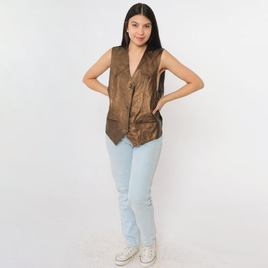 90s Metallic Copper Faux Leather Snap Vest Sleeveless Small S