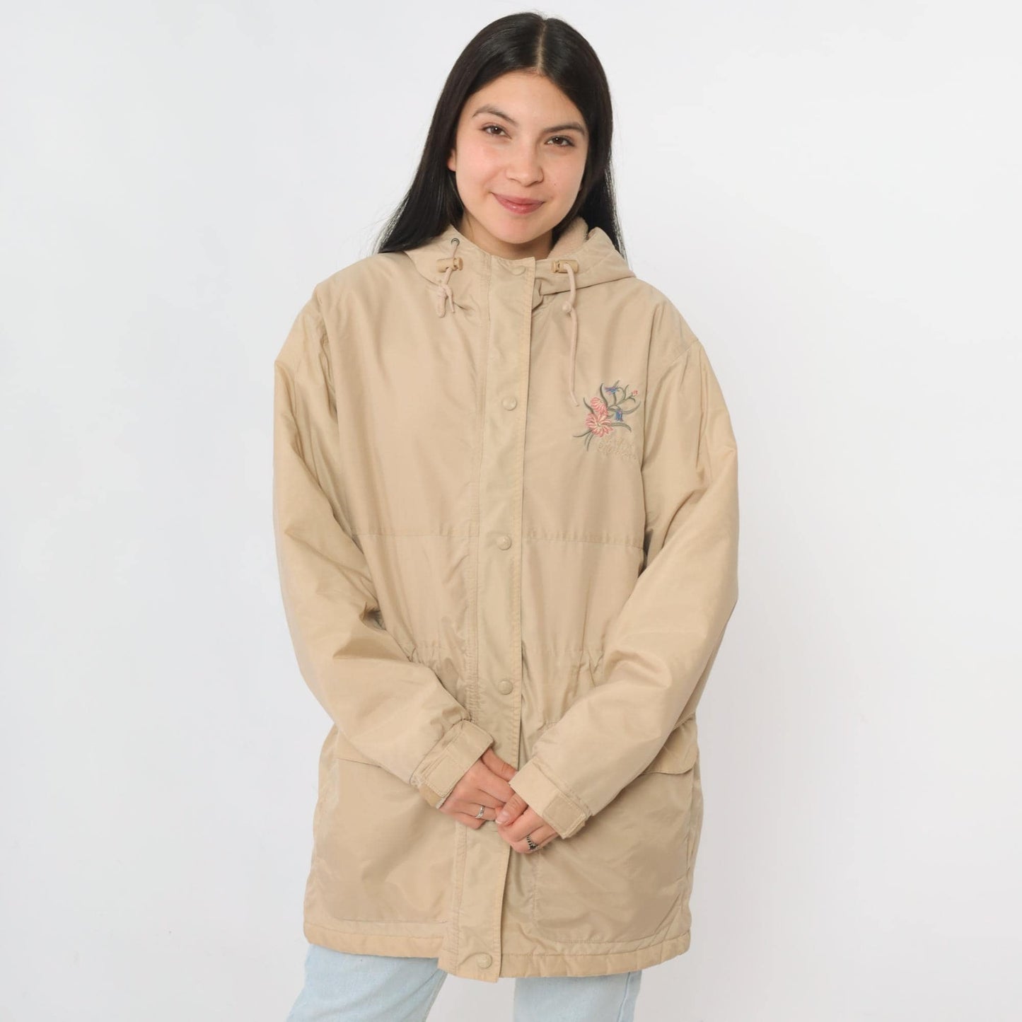 90s Northern Reflections Tan Hooded Windbreaker Floral Embroidered Fleece Lined Small