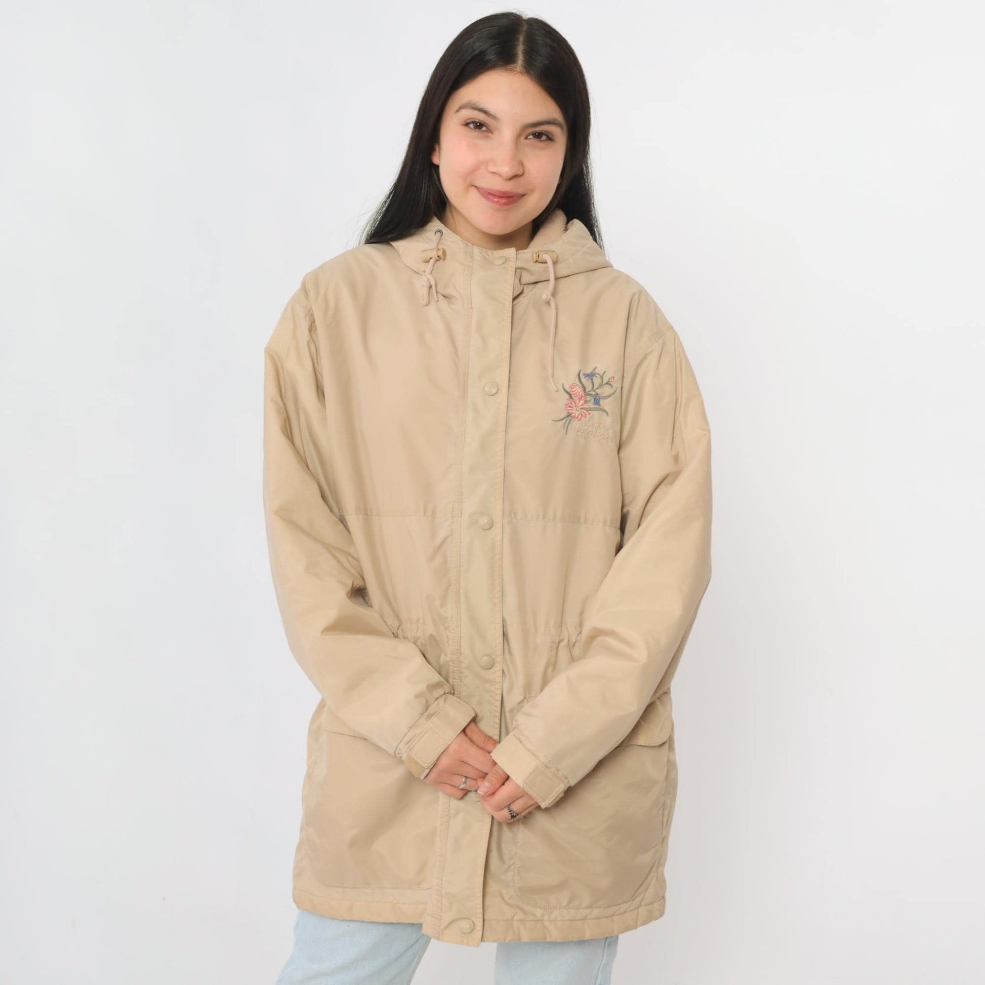 90s Northern Reflections Tan Hooded Windbreaker Floral Embroidered Fleece Lined Small