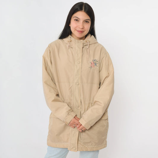 90s Northern Reflections Tan Hooded Windbreaker Floral Embroidered Fleece Lined Small
