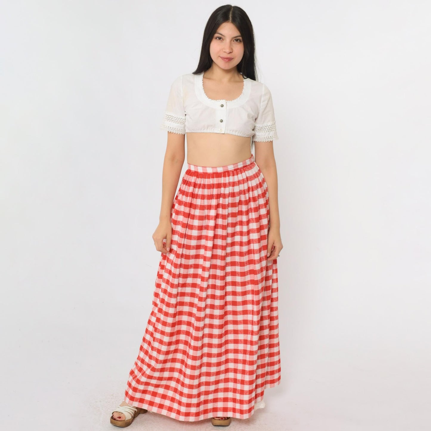 70s Red Gingham Maxi Skirt High Waist Lace Trim White Checkered Medium